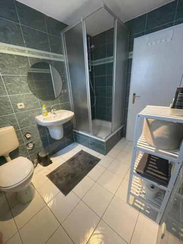 W łazience znajduje się prysznic, toaleta i umywalka. w obiekcie Ruhiges Apartment im Herzen von Gera w mieście Gera