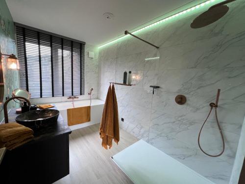 ein Badezimmer mit einer Dusche, einem Waschbecken und einer Badewanne in der Unterkunft Red cross street in Lommel