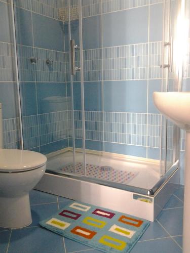 uma casa de banho com um chuveiro e um WC. em Baixasuites em Lisboa