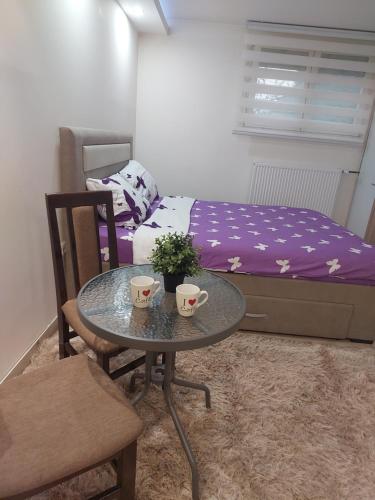a table and chair in a room with a bed at Apartman Živković in Leskovac