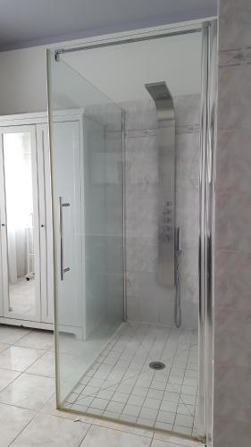 y baño con ducha y puerta de cristal. en Au jardin de Grand-Père, en Fougères-sur-Bièvre