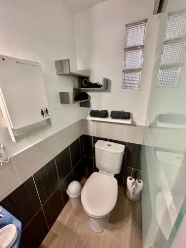 La salle de bains est pourvue de toilettes blanches et de 2 fenêtres. dans l'établissement Le Piccolo, Centre-ville, à Bordeaux