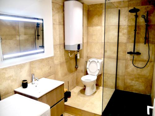 une salle de bain avec une douche, des toilettes et un lavabo dans l'établissement Oasis Sun, à Sens