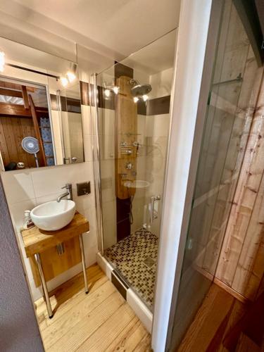 une salle de bain avec une douche en verre et un lavabo dans l'établissement Le Woody, Centre-ville, Parking gratuit, à Bordeaux