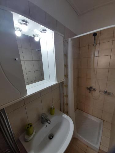 a bathroom with a sink and a mirror and a shower at Nikos Studio in Kalyves