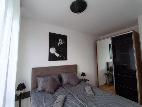 a bedroom with a bed with pillows on it at Tesla Point in Osijek