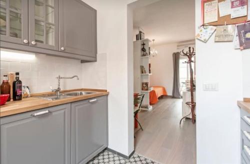 una cocina con armarios grises y fregadero en L'Attichetto di Ponte Milvio, en Roma