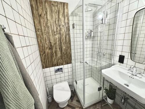 a bathroom with a toilet and a sink and a shower at 100 Drzew - Leśny Klimat Mazur in Orzyny