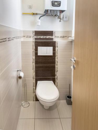 a bathroom with a white toilet in a stall at Laura´s Apartment in Karlovy Vary
