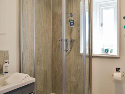a shower with a glass door in a bathroom at India Lane Cottage in Montrose