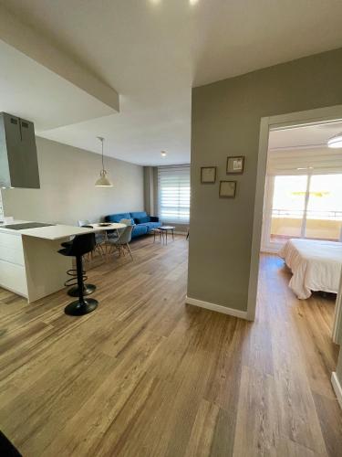 duży salon z kuchnią i sypialnią w obiekcie Apartamentos Playa Ventilla w mieście Aguadulce