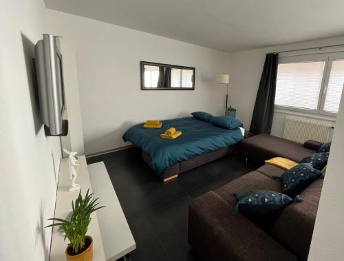 - un salon avec un lit et un canapé dans l'établissement Appartement Tourbillon centre-ville, à Sion