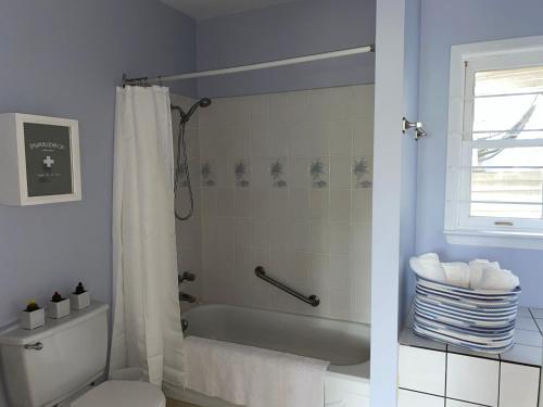ein Bad mit einer Badewanne, einem WC und einer Dusche in der Unterkunft Auberge des Cantons in Magog-Orford