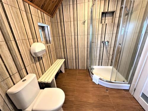 a bathroom with a toilet and a shower at Antano Vila in Palanga