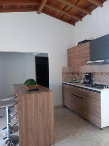 a kitchen with wooden cabinets and a counter top at vista piedra in Guatapé