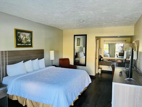 a hotel room with a bed and a television at Alpine Valley Inn in Helen