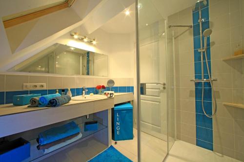 une salle de bain avec une douche en verre et un lavabo dans l'établissement Les Terrasses du Domaine de la Malonie, à Sarlat-la-Canéda