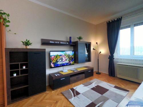 a living room with a flat screen tv in a room at DEX Apartman in Salgótarján