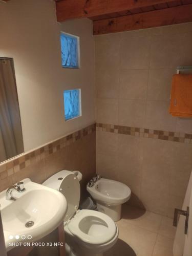uma casa de banho com um WC branco e um lavatório. em Elordi em San Martín de los Andes