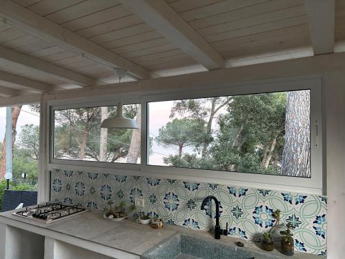 a kitchen with two windows and a counter with a stove at Suosogno sul mare 200metri dalla spiaggia in Capoliveri