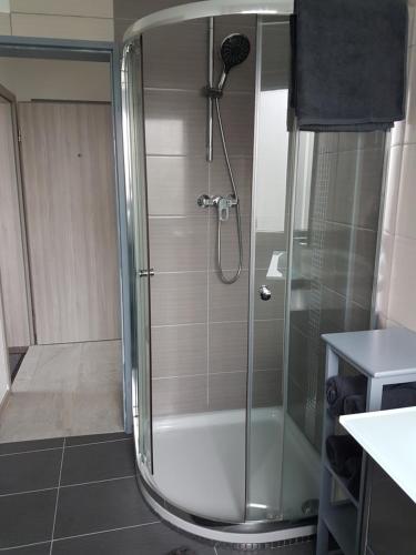eine Dusche mit Glastür im Bad in der Unterkunft FeWo mit Terasse Neuwied & Koblenz in Neuwied