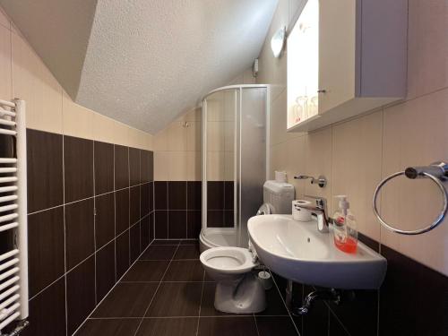 uma casa de banho com um WC branco e um lavatório. em Hotel & Restaurant Babic em Vranovača