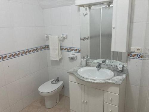 a bathroom with a sink and a toilet and a mirror at Casa Cueva Rural Estación de Guadix in Guadix