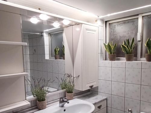 a bathroom with a sink and a mirror and potted plants at 115m2 K.G HOME in Athens