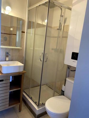 une salle de bain avec une douche, des toilettes et un lavabo dans l'établissement studio neuf à cannes, à Cannes