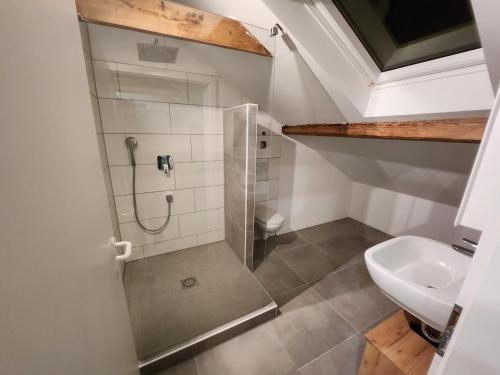 a bathroom with a shower and a sink at Bone ma in Bad Saulgau