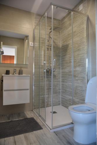 a bathroom with a shower with a toilet and a sink at Marvão Serra & Mar in Seia