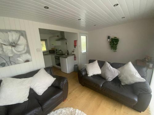 a living room with two leather couches and a kitchen at PEN-Y-FAN HOLIDAY CABIN - GLAN GWNA HOLIDAY PARK SNOWDONIA in Caernarfon