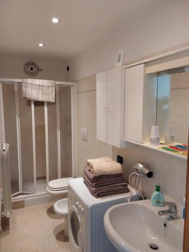 ein Badezimmer mit einem Waschbecken, einem WC und einem Waschbecken in der Unterkunft La casa di Alyss in Bergamo