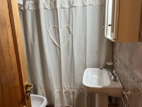 a bathroom with a shower curtain with a heart drawn on it at San Martín de los Andes Depto para 4 Pax in San Martín de los Andes