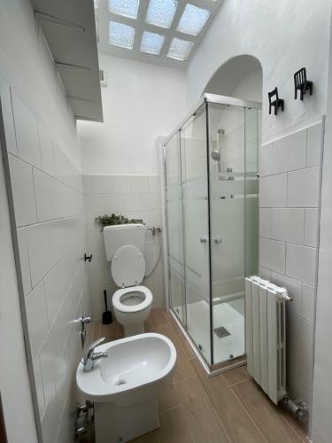 La salle de bains est pourvue de toilettes et d'une douche en verre. dans l'établissement Garden House Cit Turin, à Turin