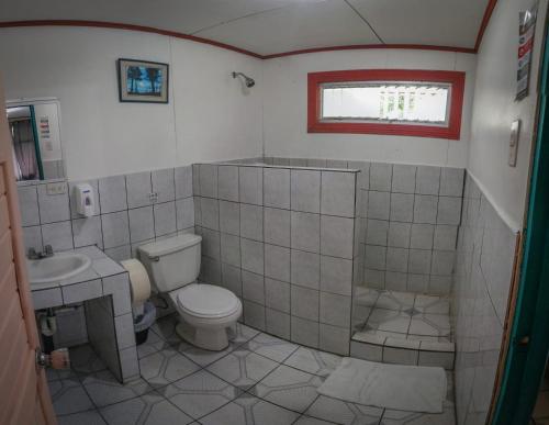 a small bathroom with a toilet and a sink at Geliwa B&B in Turrialba
