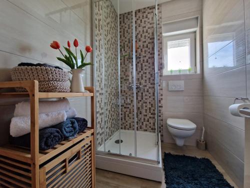 uma casa de banho com um chuveiro e um WC. em Apartman Perla em Biograd na Moru