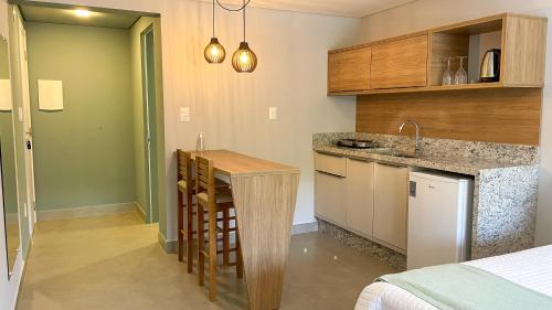 a small kitchen with a counter and a sink at Costa Solar Lagoa in Florianópolis