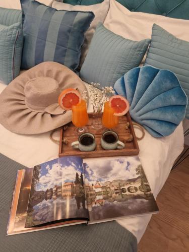 a tray of food on a bed with a book at Kathisma Trebinje in Trebinje