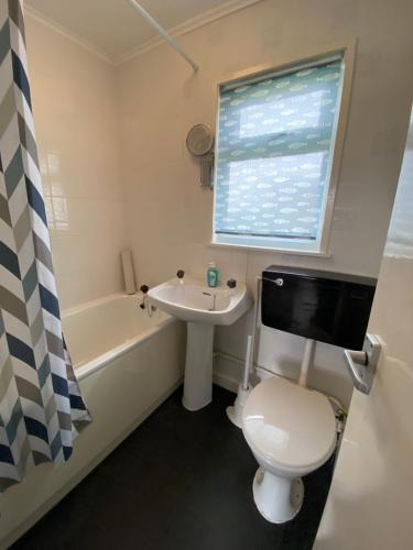 a bathroom with a toilet and a sink and a tub at East Coast Chalets 300 Dog friendly at California Sands in Scratby