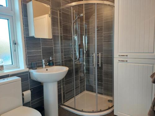 a bathroom with a shower and a sink and a toilet at Love Nest in Deal