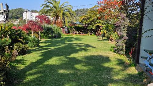 a yard with green grass and trees and plants at Beewool Chaewool Pension in Seogwipo