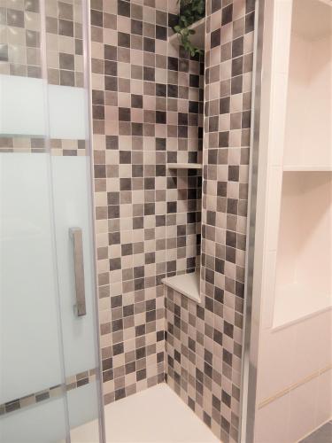 a shower with brown and gray tiles in a bathroom at PARQUE MOTA - AlquIler solo a familias in Los Mártires