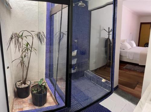 uma casa de banho com chuveiro e duas plantas em Solar Antônio Dias em Ouro Preto