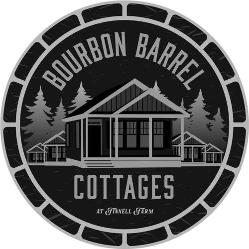 a round emblem of a house with theron barbecue coffees at Bourbon Barrel Cottages #1 of 5 on Kentucky trail in Lawrenceburg