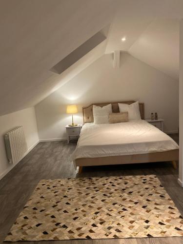 une chambre avec un grand lit et un tapis dans l'établissement Le Duplex de l’Avenue, à Chalon-sur-Saône