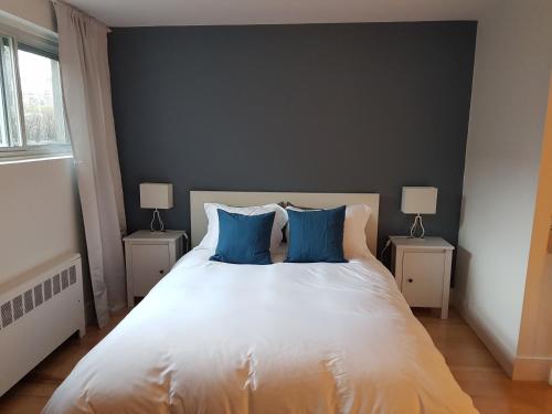 ein Schlafzimmer mit einem großen weißen Bett mit blauen Kissen in der Unterkunft Bright and Spacious Studio Apartment in Montreal