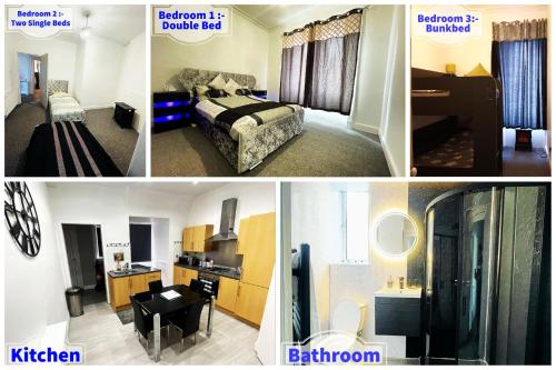 a collage of four pictures of a hotel room at Spacious 3 Bedroom Entire Apartment Self Check in in Fife