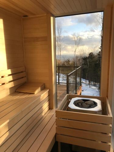 una sauna con una gran ventana con un perro. en Charlevoix expérience thermale en pleine nature - Suites Nature Charlevoix - Suite #2, en Les Éboulements