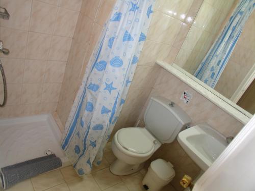 ein Bad mit einem WC, einer Dusche und einem Waschbecken in der Unterkunft Summerland Hotel in Ialyssos
